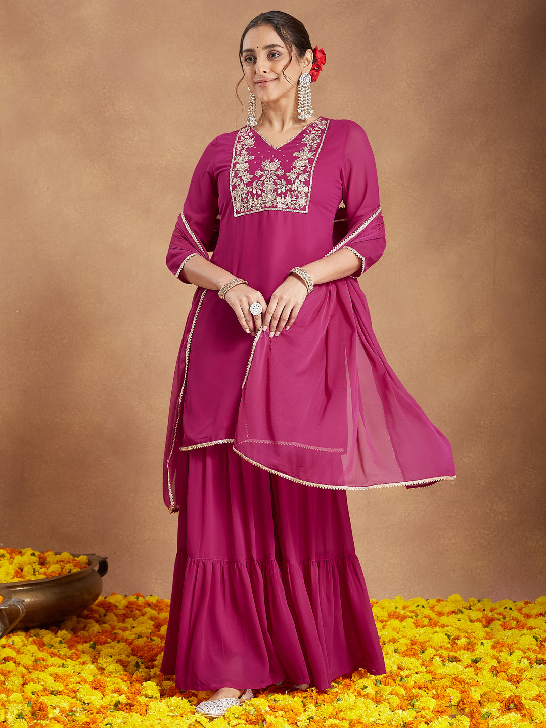Ninnique Women's Pink Georgette Embroidered Straight Kurta With Sharara & Dupatta Set