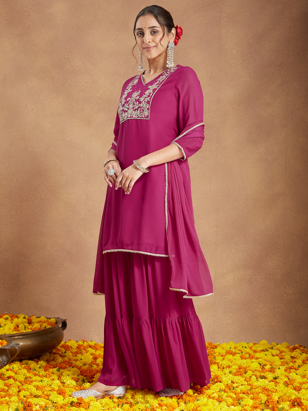 Ninnique Women's Pink Georgette Embroidered Straight Kurta With Sharara & Dupatta Set