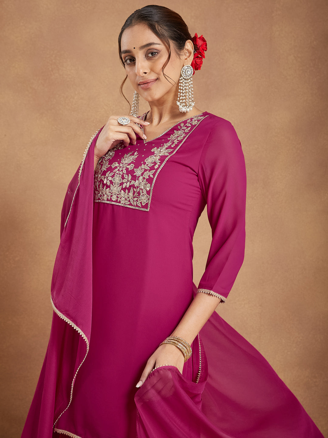 Ninnique Women's Pink Georgette Embroidered Straight Kurta With Sharara & Dupatta Set