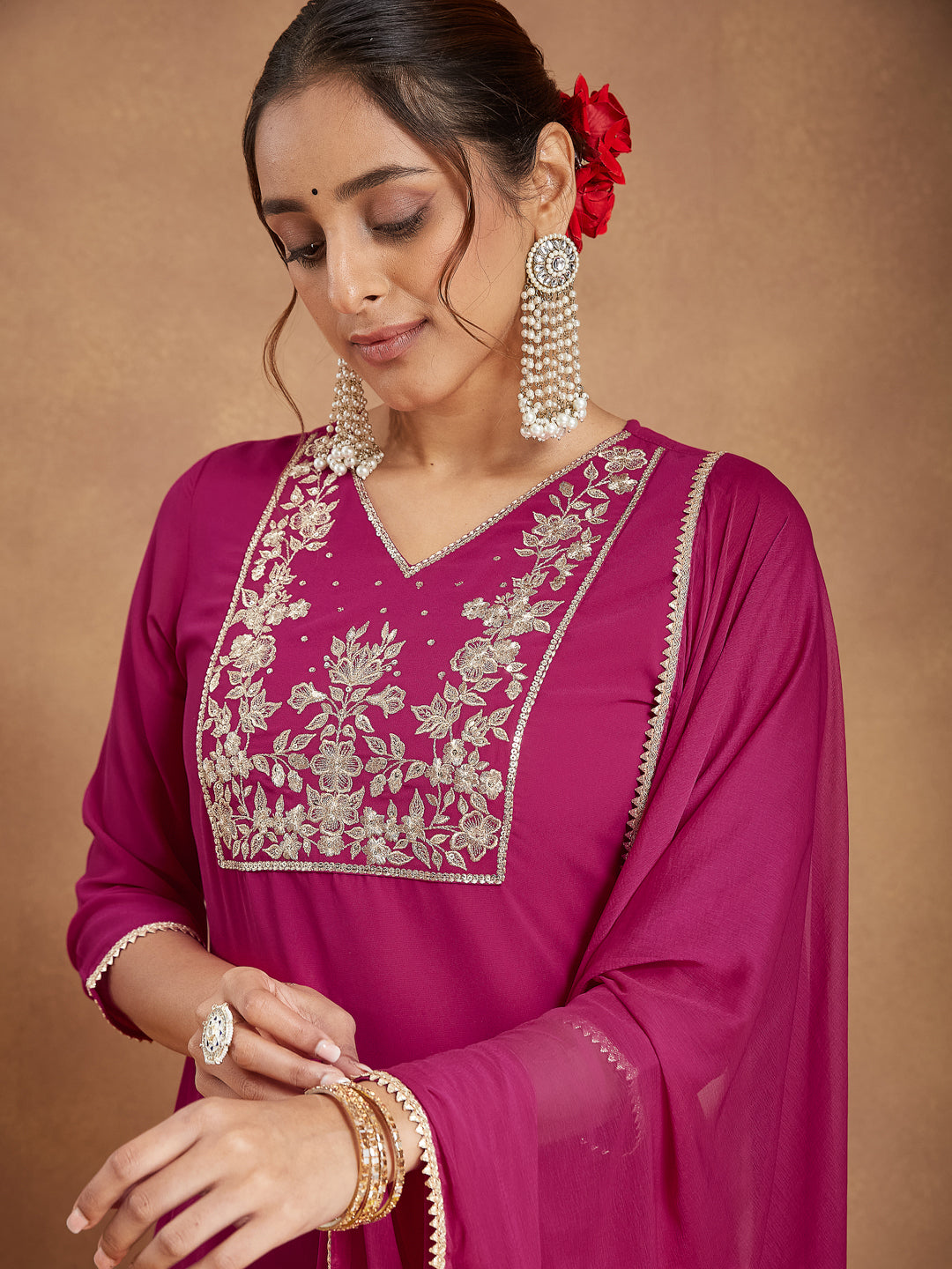 Ninnique Women's Pink Georgette Embroidered Straight Kurta With Sharara & Dupatta Set
