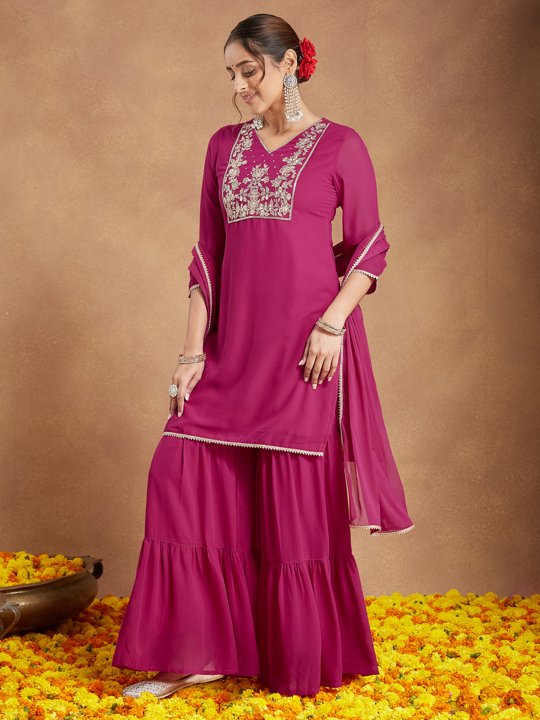 Ninnique Women's Pink Georgette Embroidered Straight Kurta With Sharara & Dupatta Set