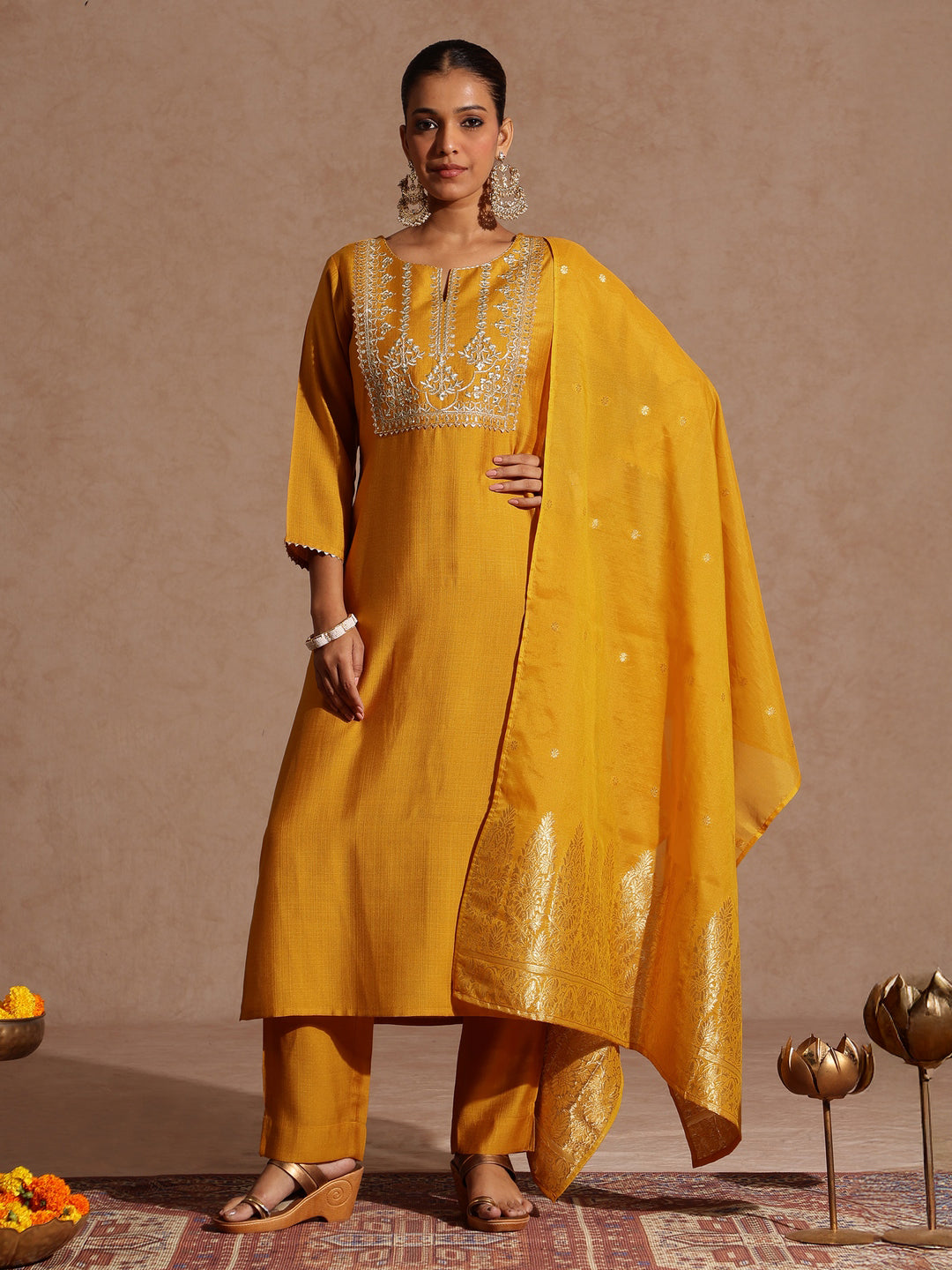 Ninnique Women's Mustard Silk Blend Zari Yoke Embroidered Straight Kurta Set