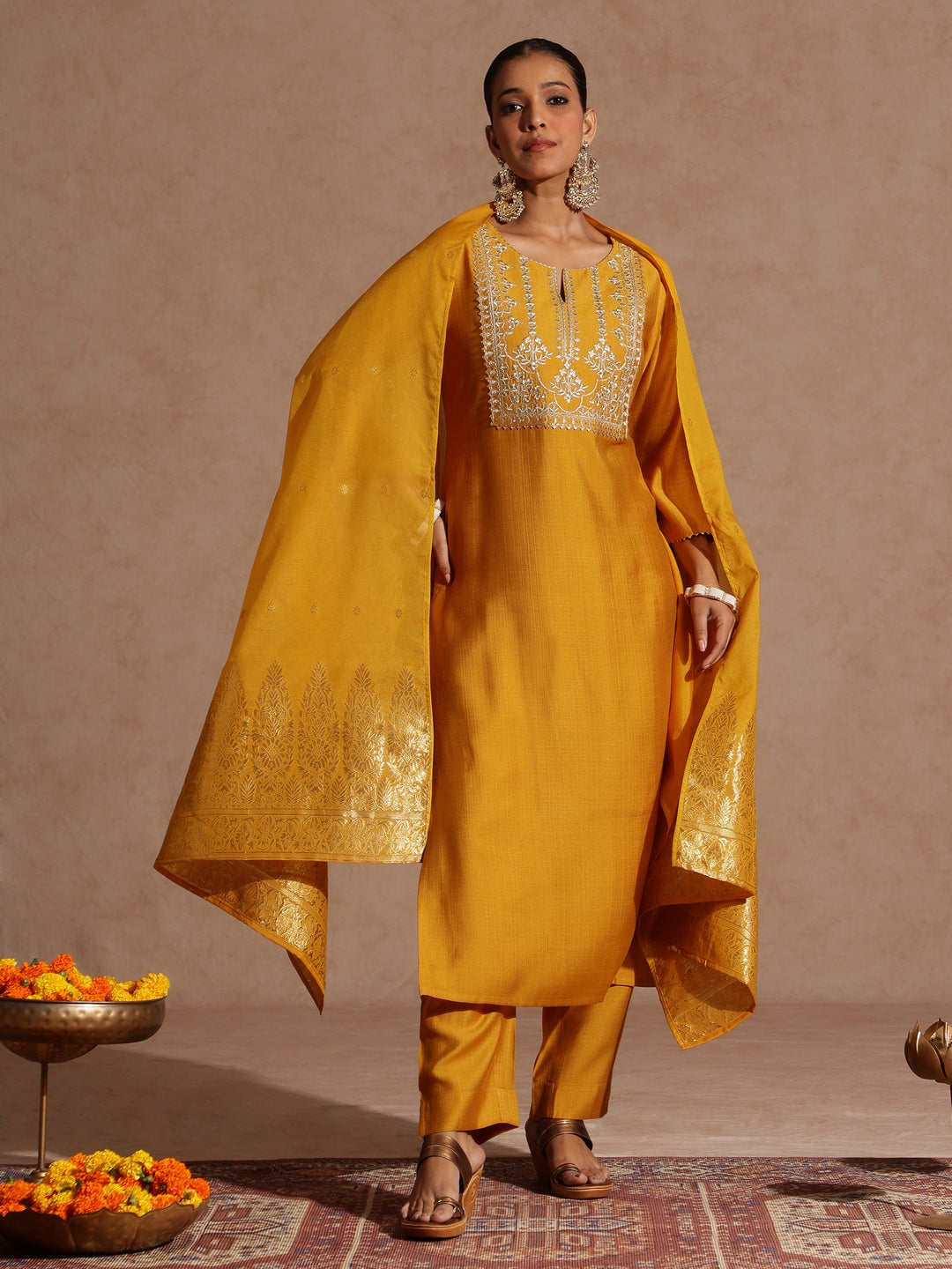 Ninnique Women's Mustard Silk Blend Zari Yoke Embroidered Straight Kurta Set