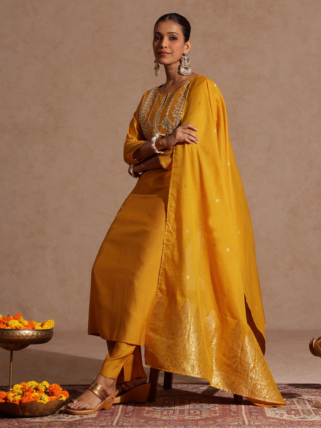 Ninnique Women's Mustard Silk Blend Zari Yoke Embroidered Straight Kurta Set