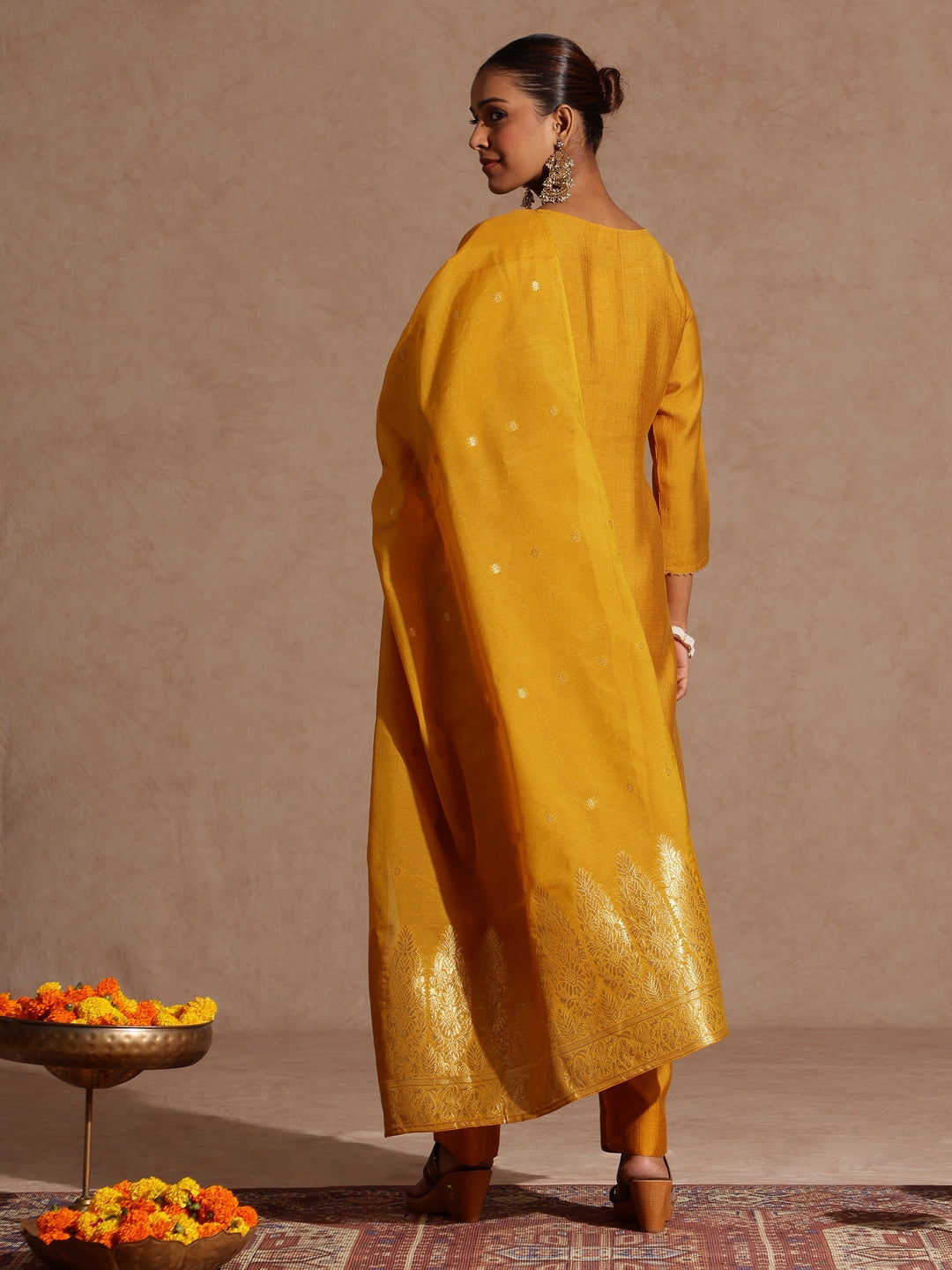 Ninnique Women's Mustard Silk Blend Zari Yoke Embroidered Straight Kurta Set