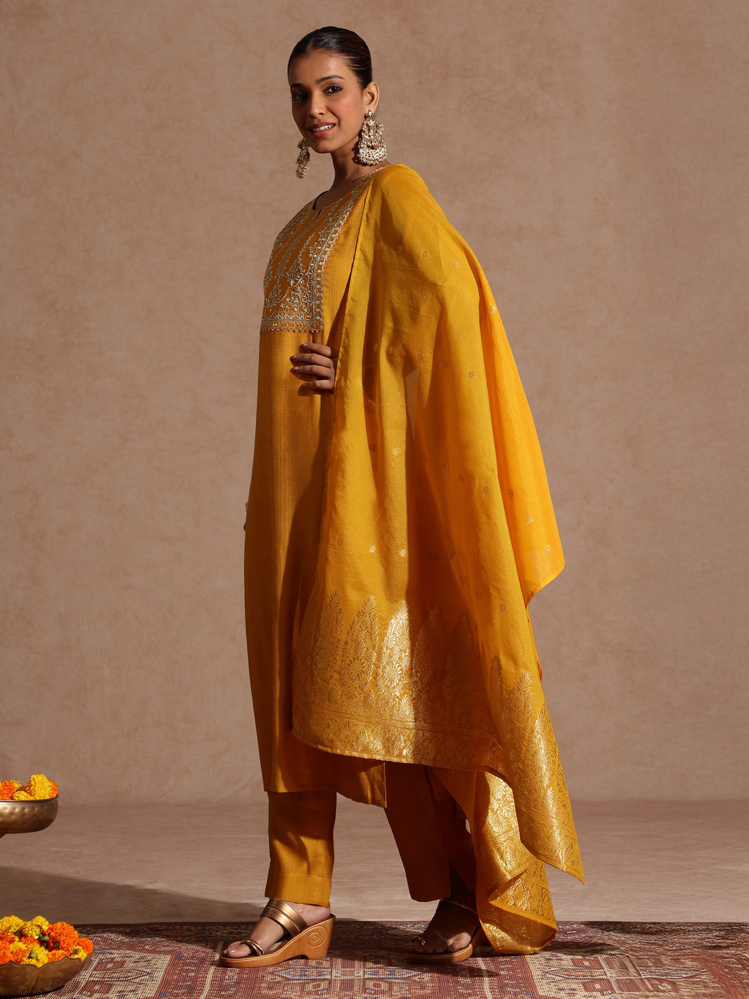 Ninnique Women's Mustard Silk Blend Zari Yoke Embroidered Straight Kurta Set