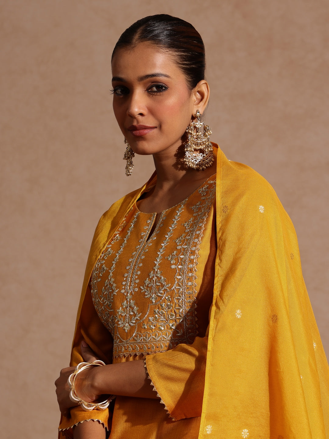 Ninnique Women's Mustard Silk Blend Zari Yoke Embroidered Straight Kurta Set