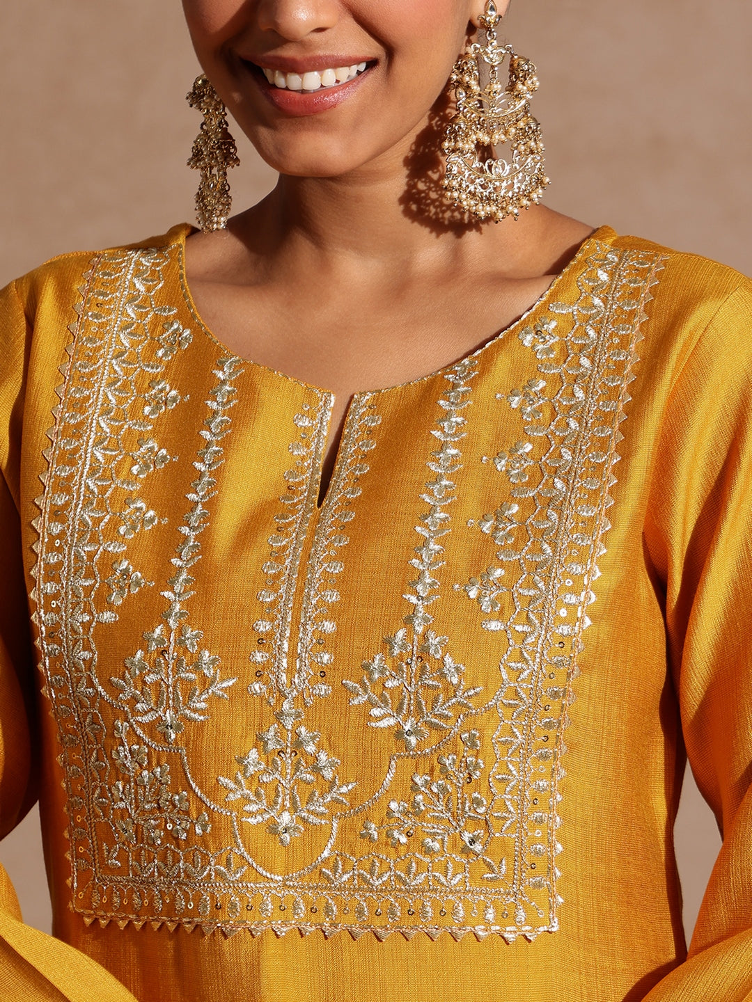 Ninnique Women's Mustard Silk Blend Zari Yoke Embroidered Straight Kurta Set