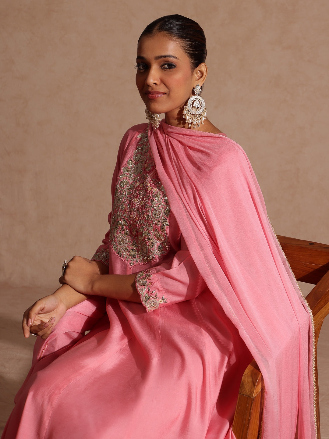 Ninnique Women's Light Pink Chanderi Silk Zari Yoke Embroidered Anarkali Kurta Set
