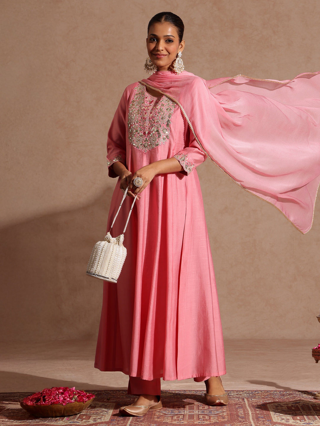 Ninnique Women's Light Pink Chanderi Silk Zari Yoke Embroidered Anarkali Kurta Set