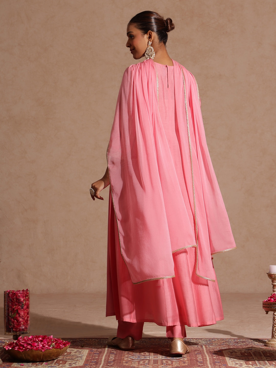 Ninnique Women's Light Pink Chanderi Silk Zari Yoke Embroidered Anarkali Kurta Set