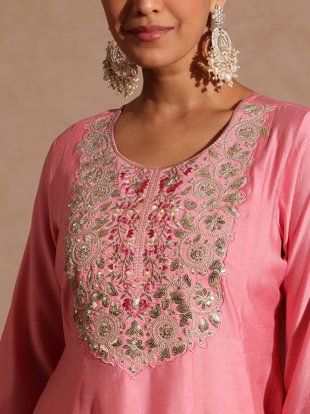 Ninnique Women's Light Pink Chanderi Silk Zari Yoke Embroidered Anarkali Kurta Set