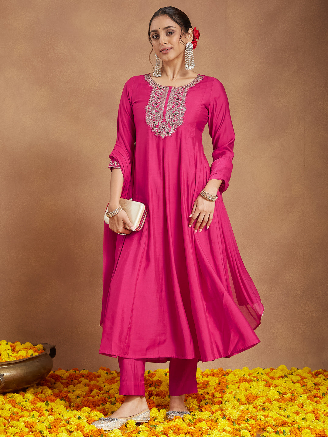 Ninnique Women's Pink Chanderi Silk Yoke Embroidered Anarkali Kurta Set