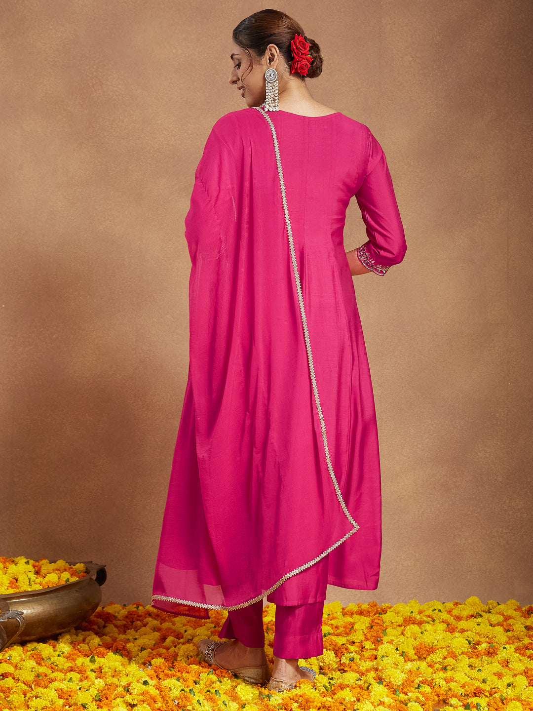 Ninnique Women's Pink Chanderi Silk Yoke Embroidered Anarkali Kurta Set