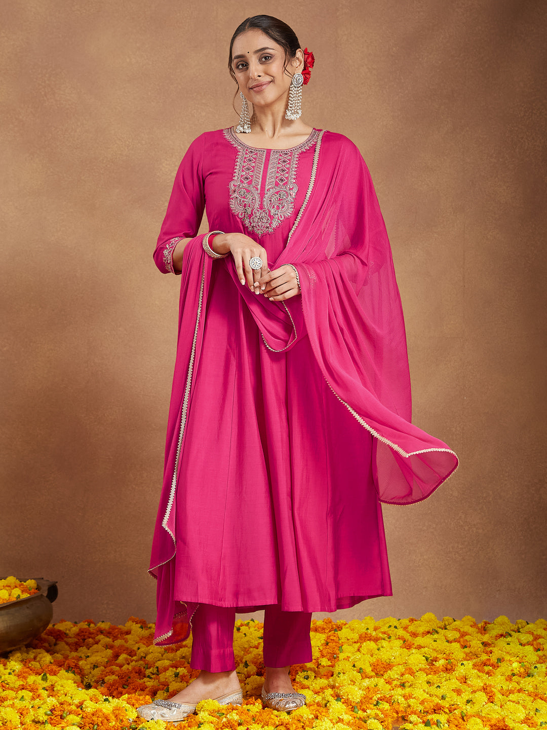 Ninnique Women's Pink Chanderi Silk Yoke Embroidered Anarkali Kurta Set