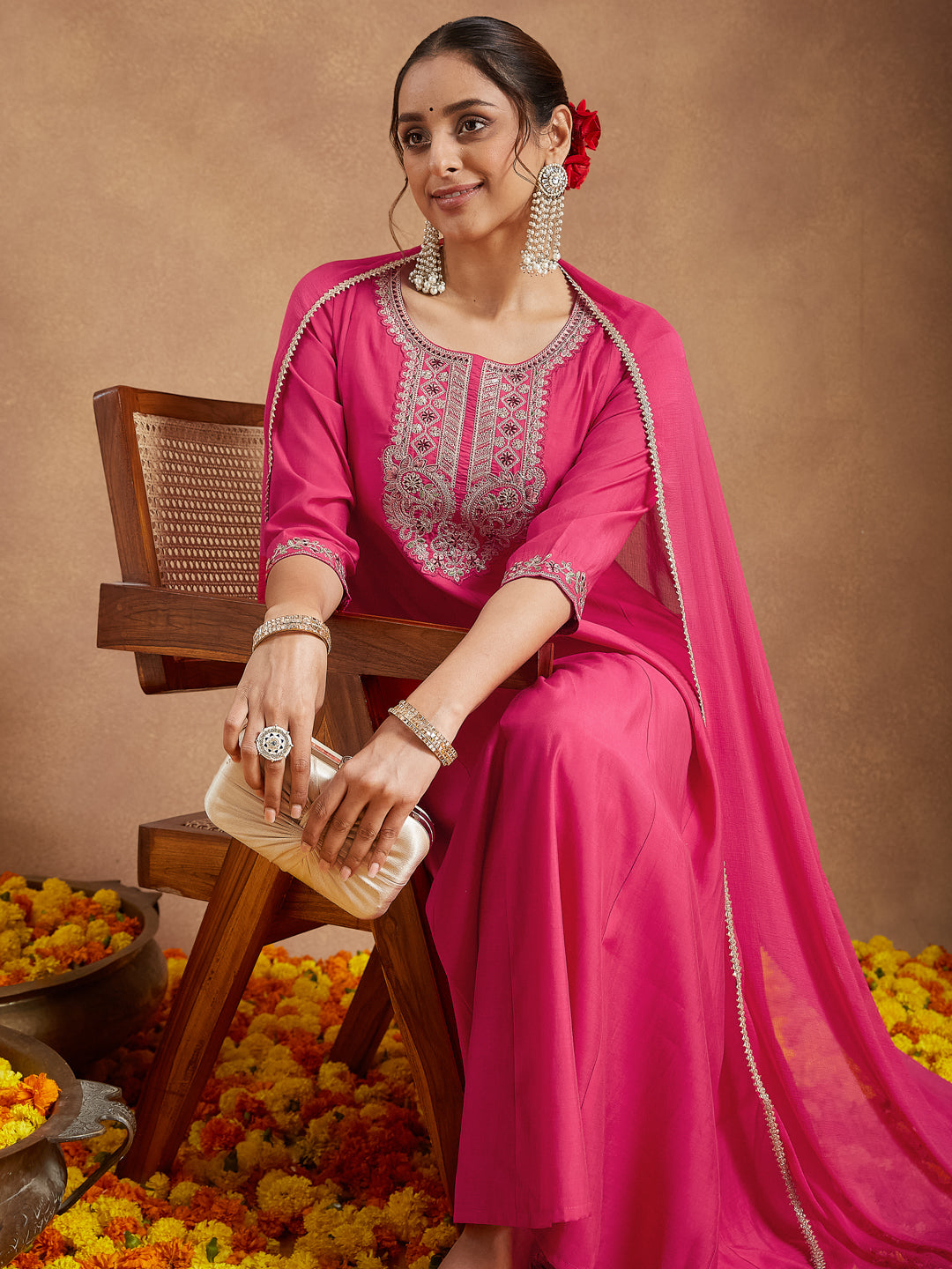 Ninnique Women's Pink Chanderi Silk Yoke Embroidered Anarkali Kurta Set