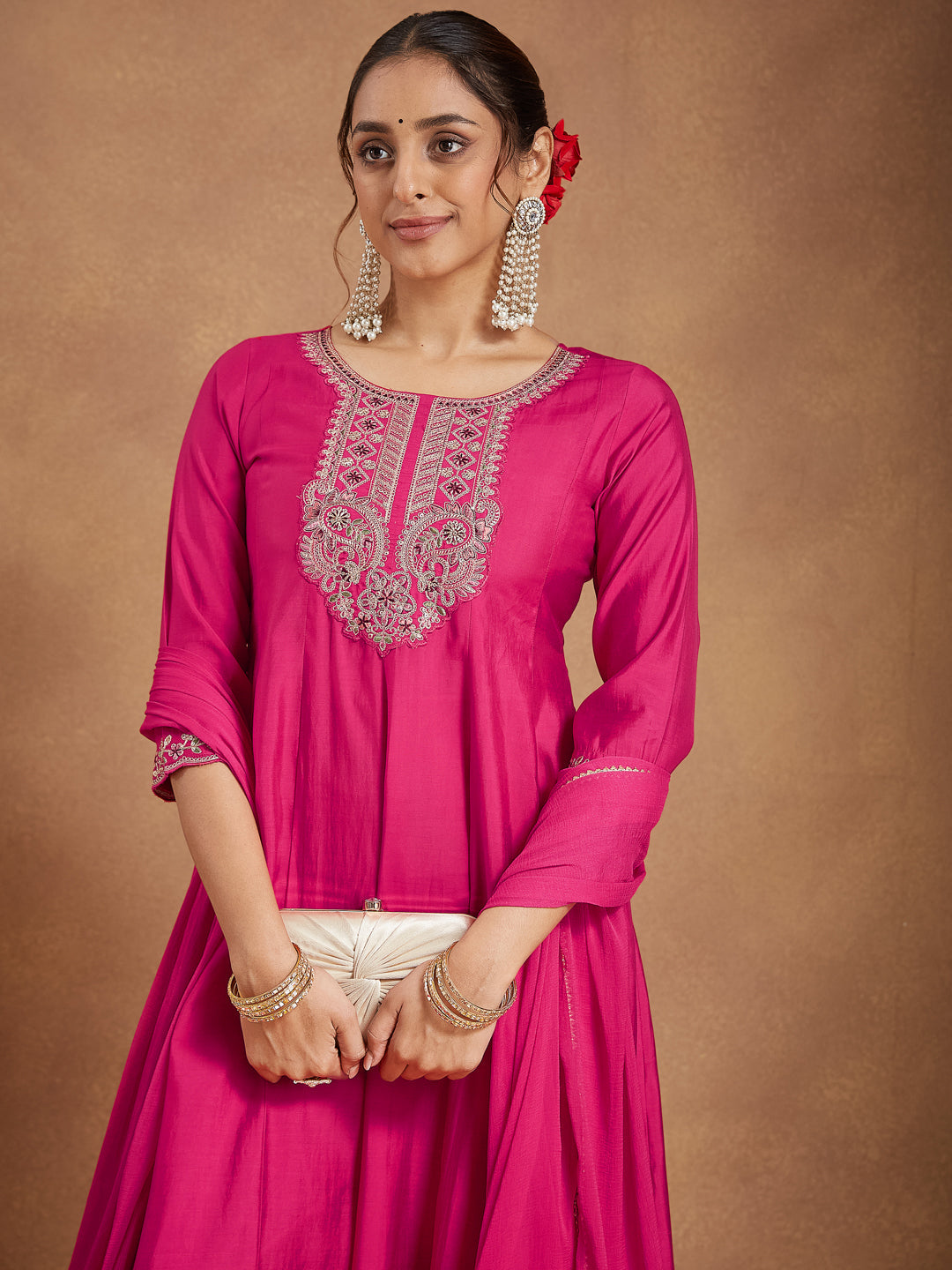 Ninnique Women's Pink Chanderi Silk Yoke Embroidered Anarkali Kurta Set