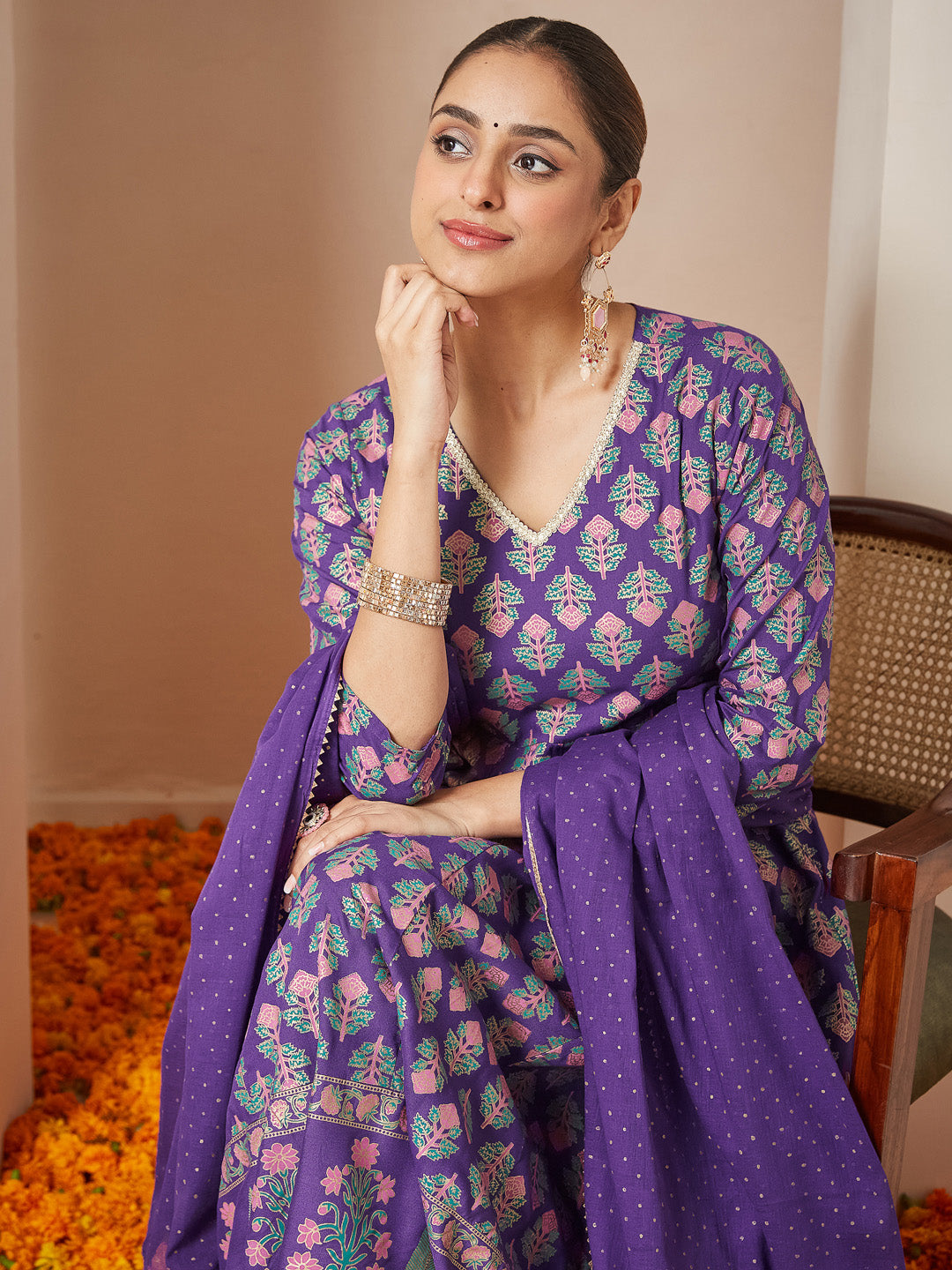 Ninnique Women's Purple Rayon Ethnic Motifs Gold Printed Anarkali Kurta Set
