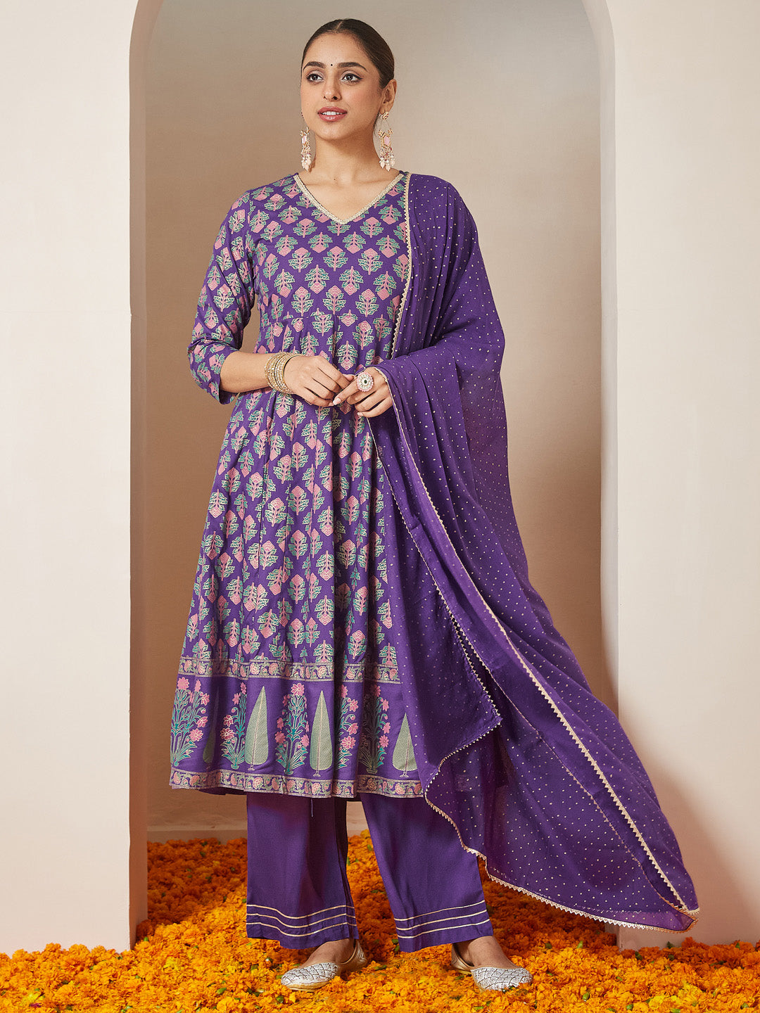 Ninnique Women's Purple Rayon Ethnic Motifs Gold Printed Anarkali Kurta Set