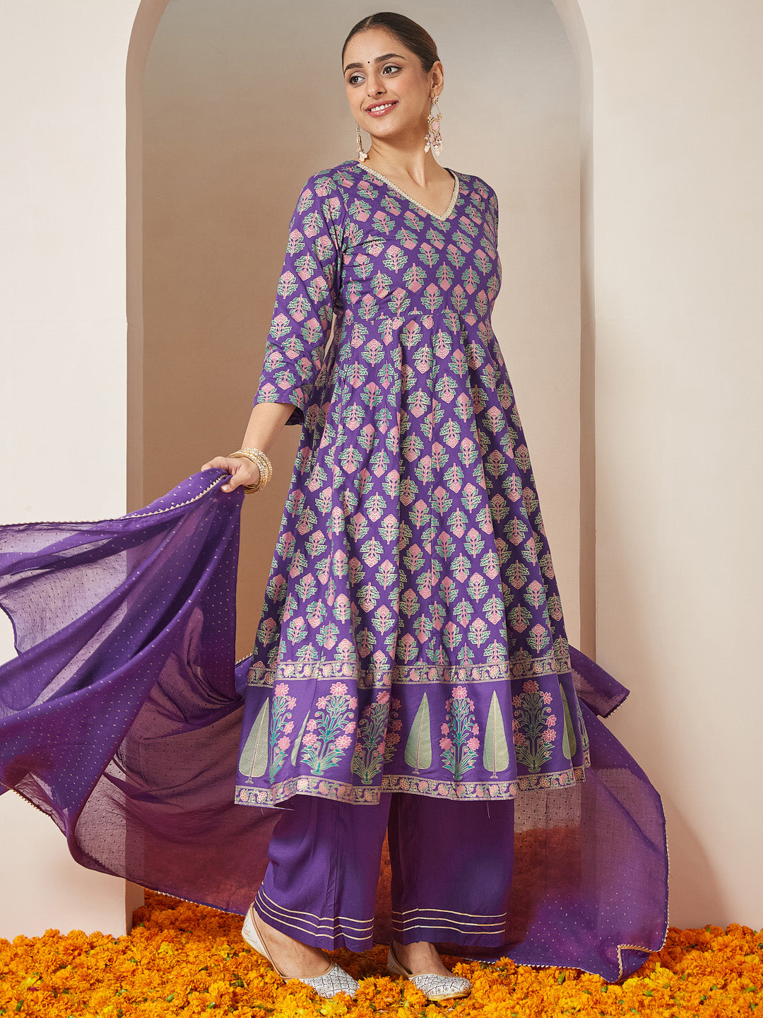 Ninnique Women's Purple Rayon Ethnic Motifs Gold Printed Anarkali Kurta Set