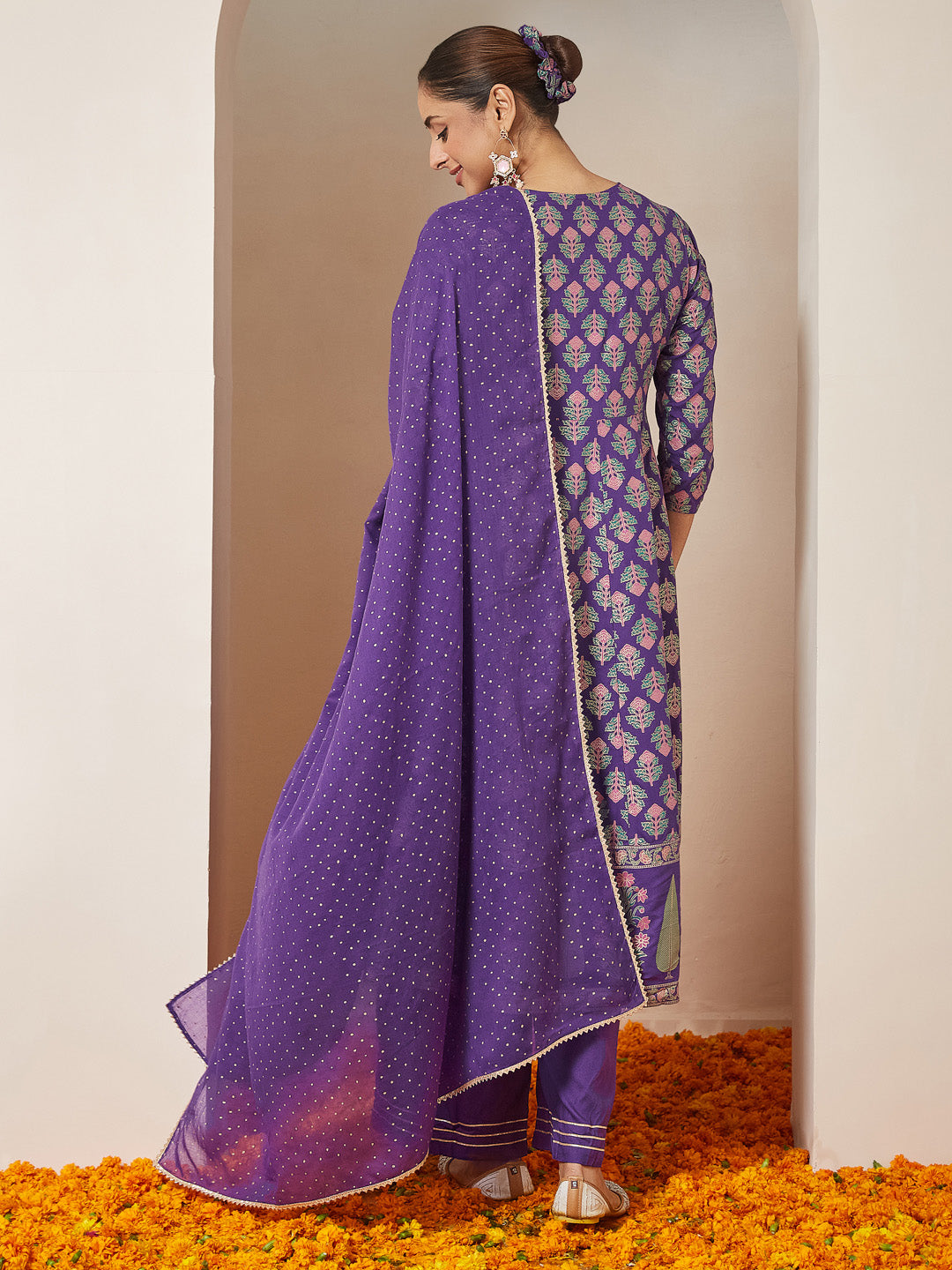 Ninnique Women's Purple Rayon Ethnic Motifs Gold Printed Anarkali Kurta Set