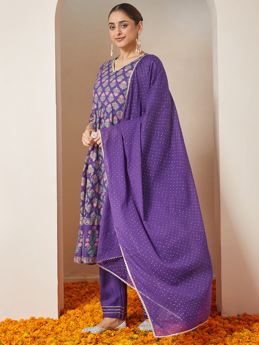Ninnique Women's Purple Rayon Ethnic Motifs Gold Printed Anarkali Kurta Set
