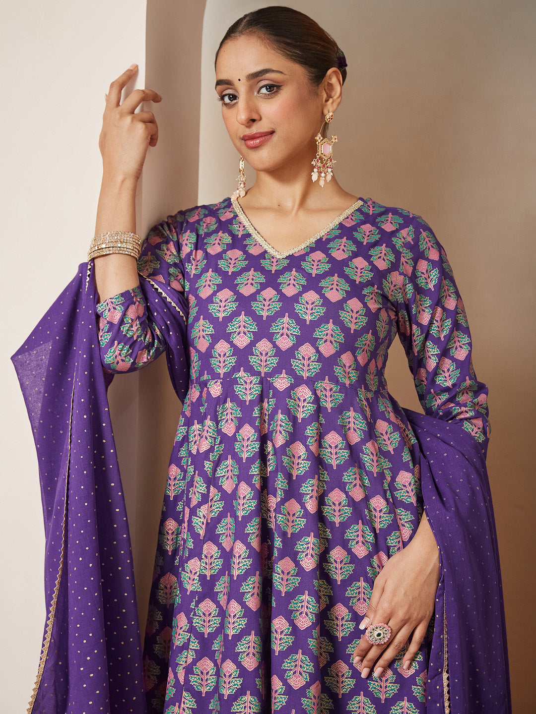 Ninnique Women's Purple Rayon Ethnic Motifs Gold Printed Anarkali Kurta Set