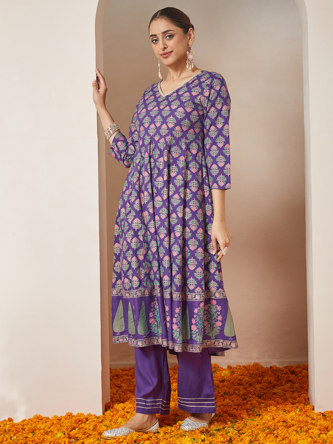 Ninnique Women's Purple Rayon Ethnic Motifs Gold Printed Anarkali Kurta Set