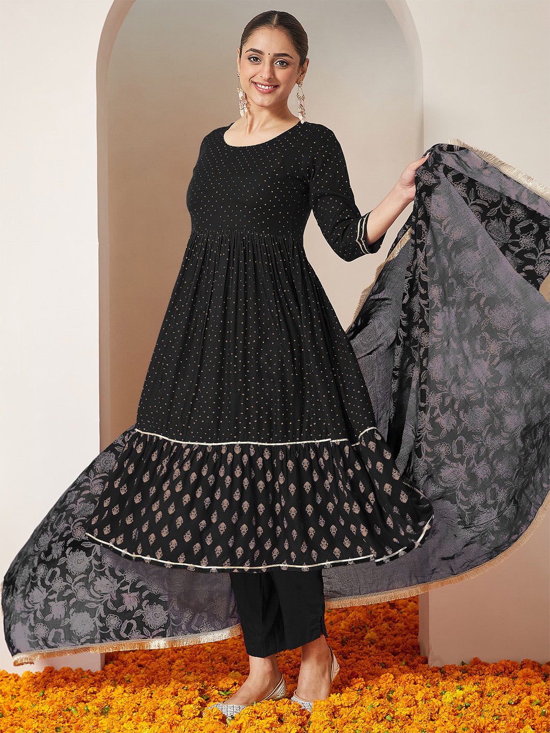 Ninnique Women's Black Rayon Gold Printed Anarkali Kurta Set