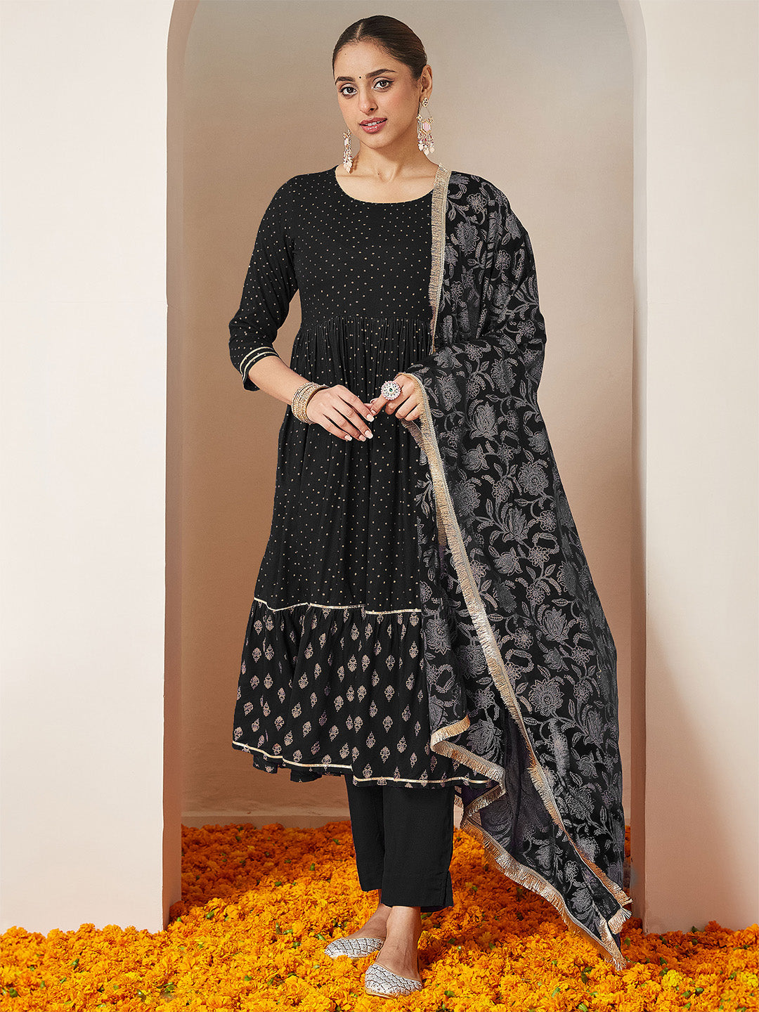 Ninnique Women's Black Rayon Gold Printed Anarkali Kurta Set