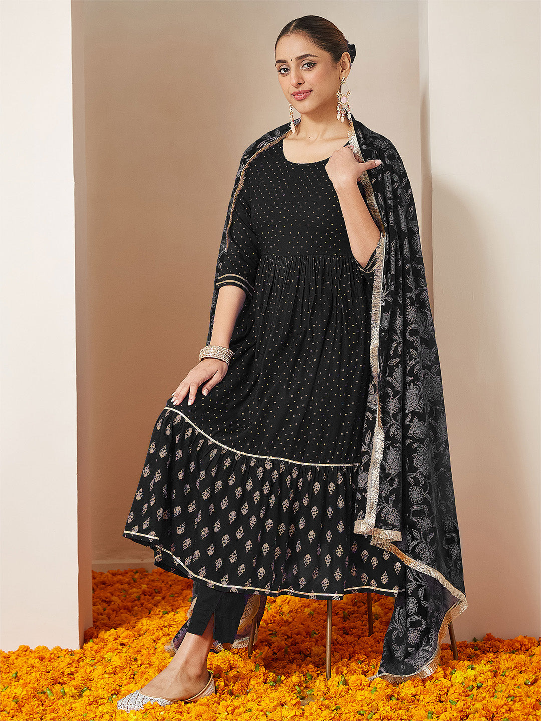 Ninnique Women's Black Rayon Gold Printed Anarkali Kurta Set