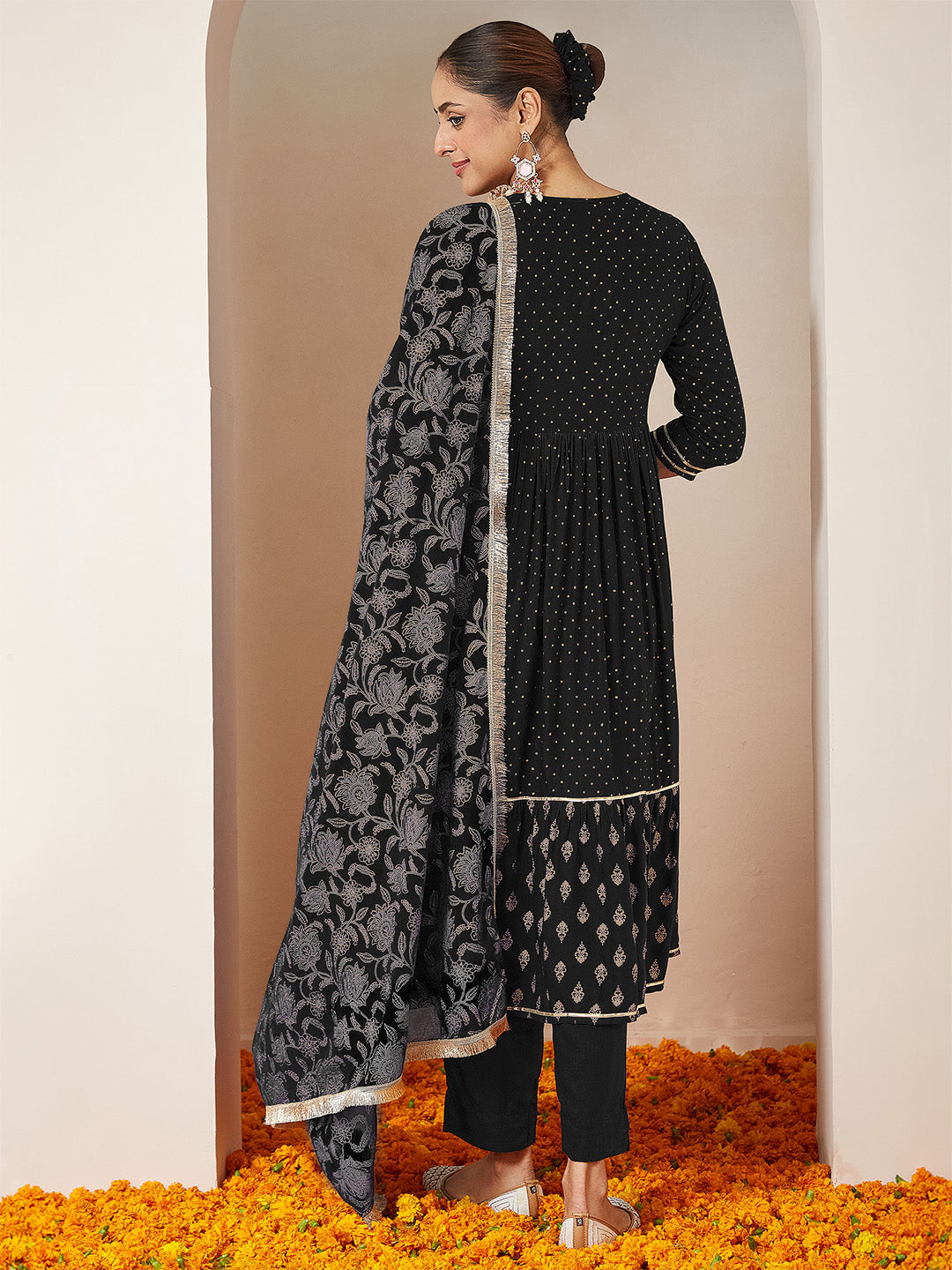 Ninnique Women's Black Rayon Gold Printed Anarkali Kurta Set