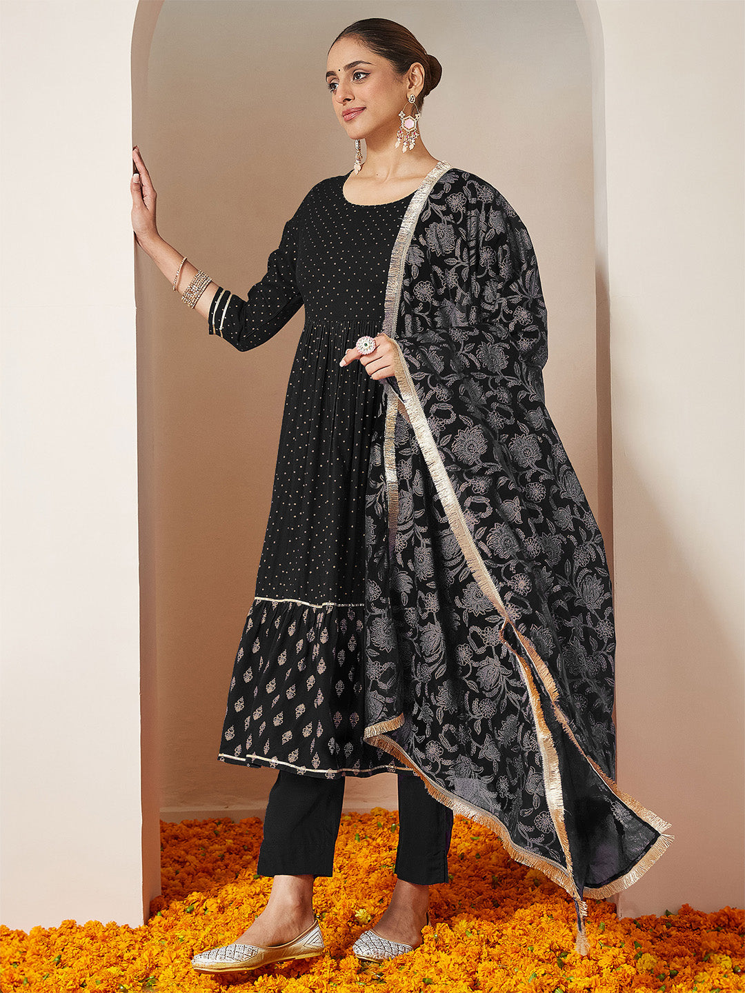 Ninnique Women's Black Rayon Gold Printed Anarkali Kurta Set