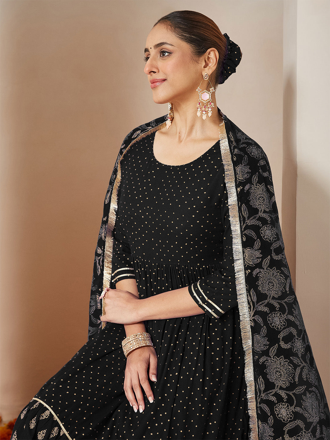 Ninnique Women's Black Rayon Gold Printed Anarkali Kurta Set