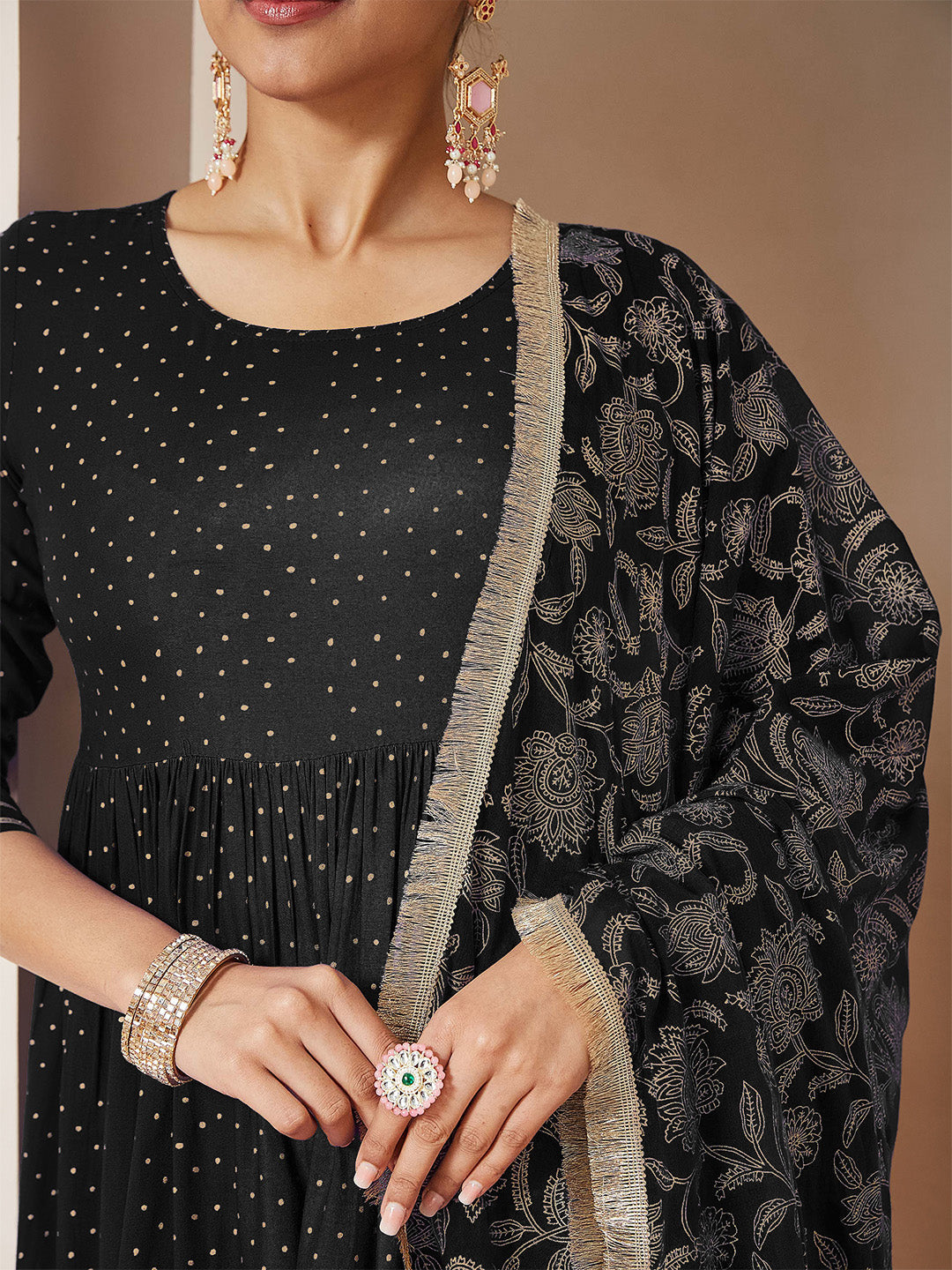 Ninnique Women's Black Rayon Gold Printed Anarkali Kurta Set