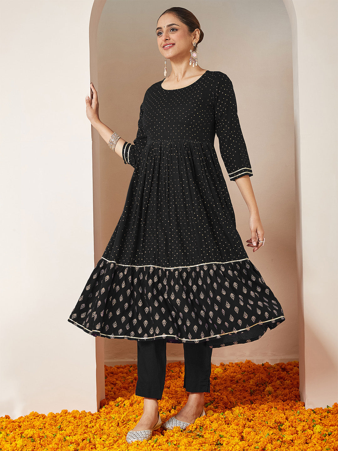 Ninnique Women's Black Rayon Gold Printed Anarkali Kurta Set