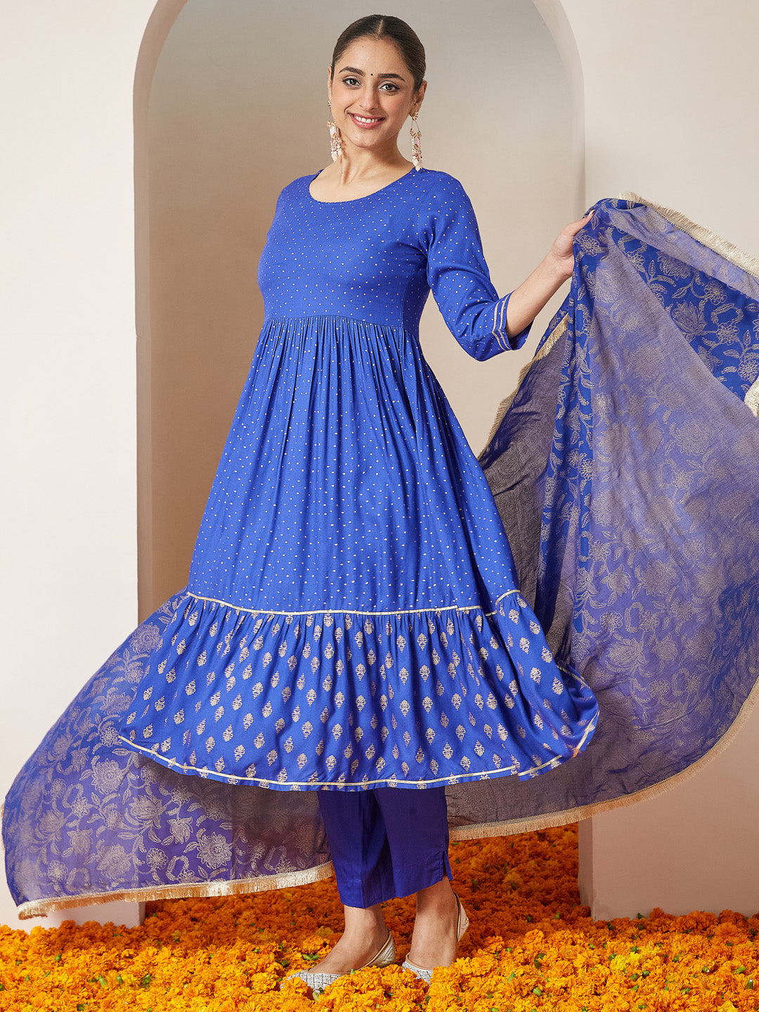 Ninnique Women's Blue Pure Cotton Foil Printed A-line Kurta Set