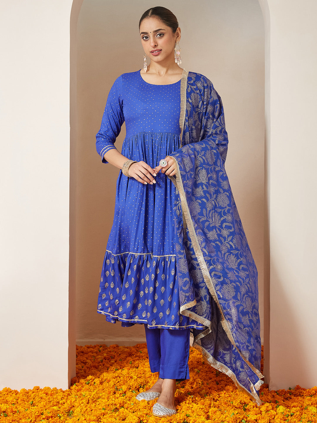Ninnique Women's Blue Pure Cotton Foil Printed A-line Kurta Set