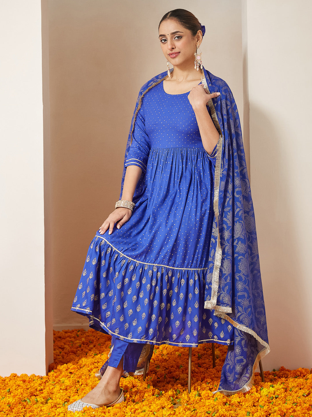 Ninnique Women's Blue Pure Cotton Foil Printed A-line Kurta Set