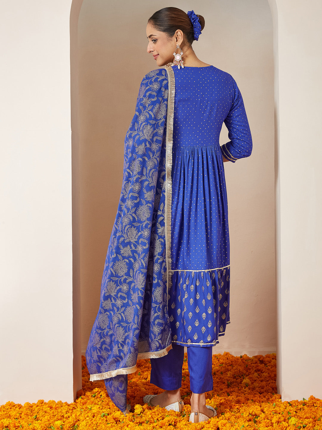 Ninnique Women's Blue Pure Cotton Foil Printed A-line Kurta Set