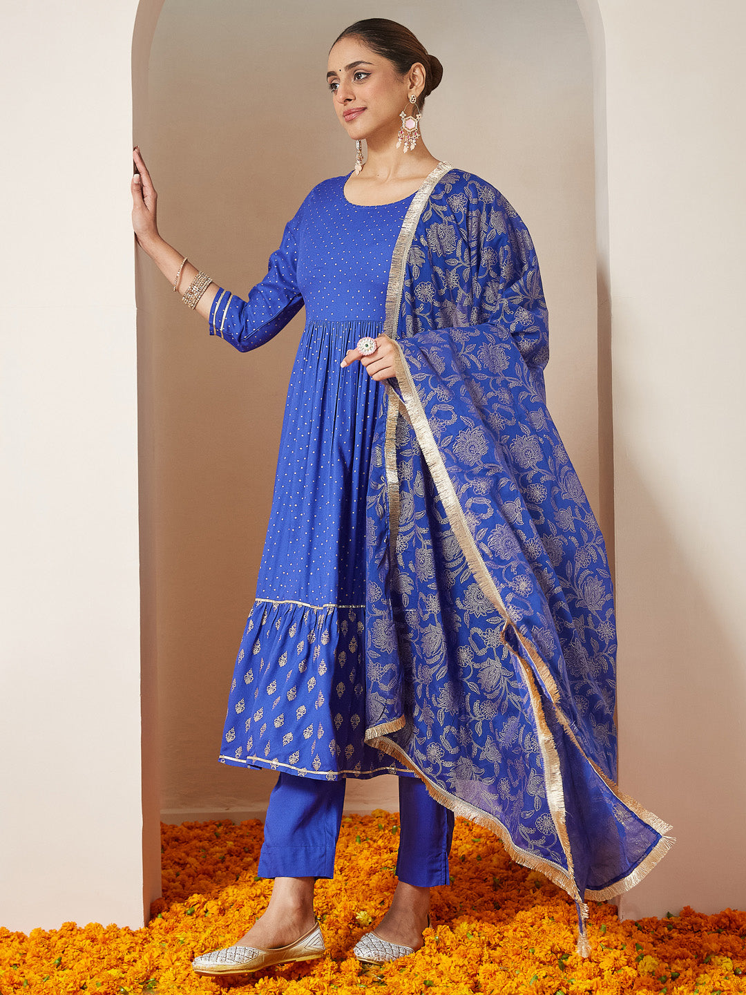 Ninnique Women's Blue Pure Cotton Foil Printed A-line Kurta Set