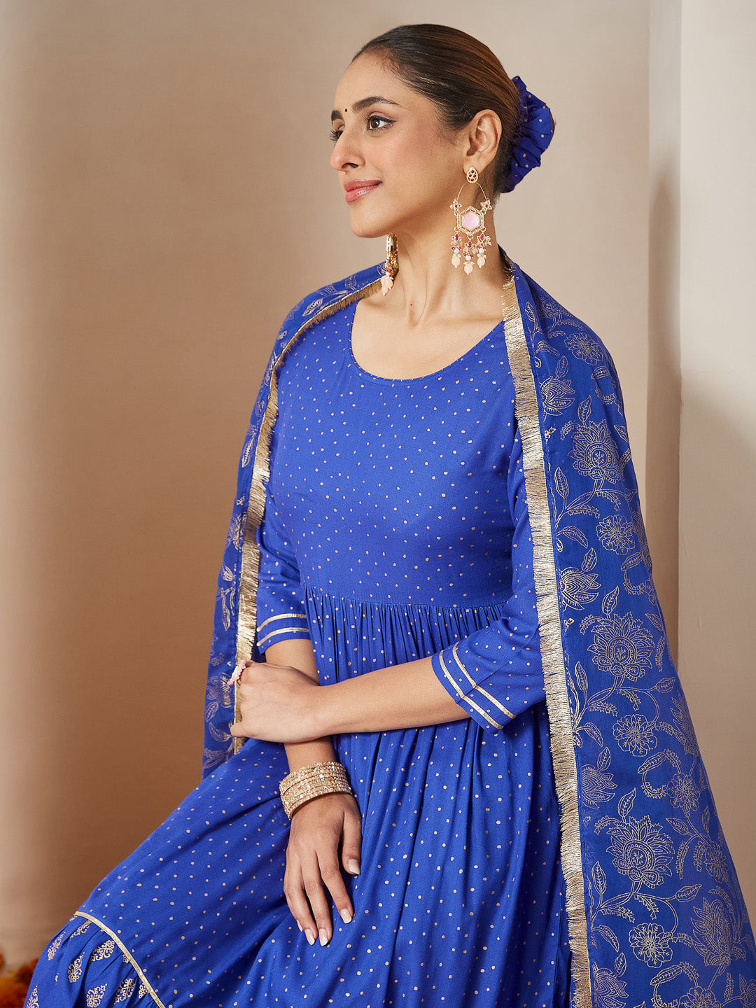 Ninnique Women's Blue Pure Cotton Foil Printed A-line Kurta Set
