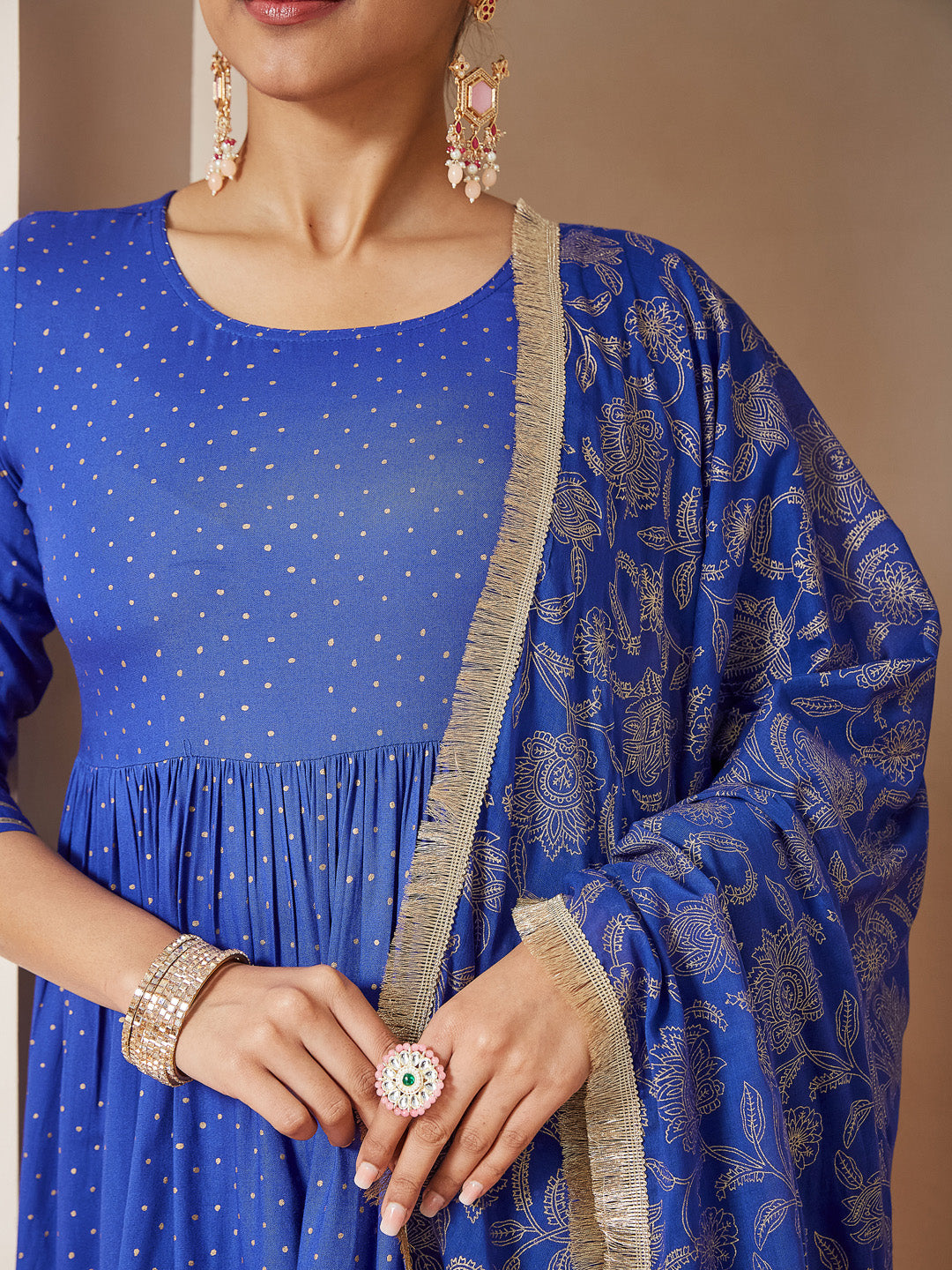 Ninnique Women's Blue Pure Cotton Foil Printed A-line Kurta Set