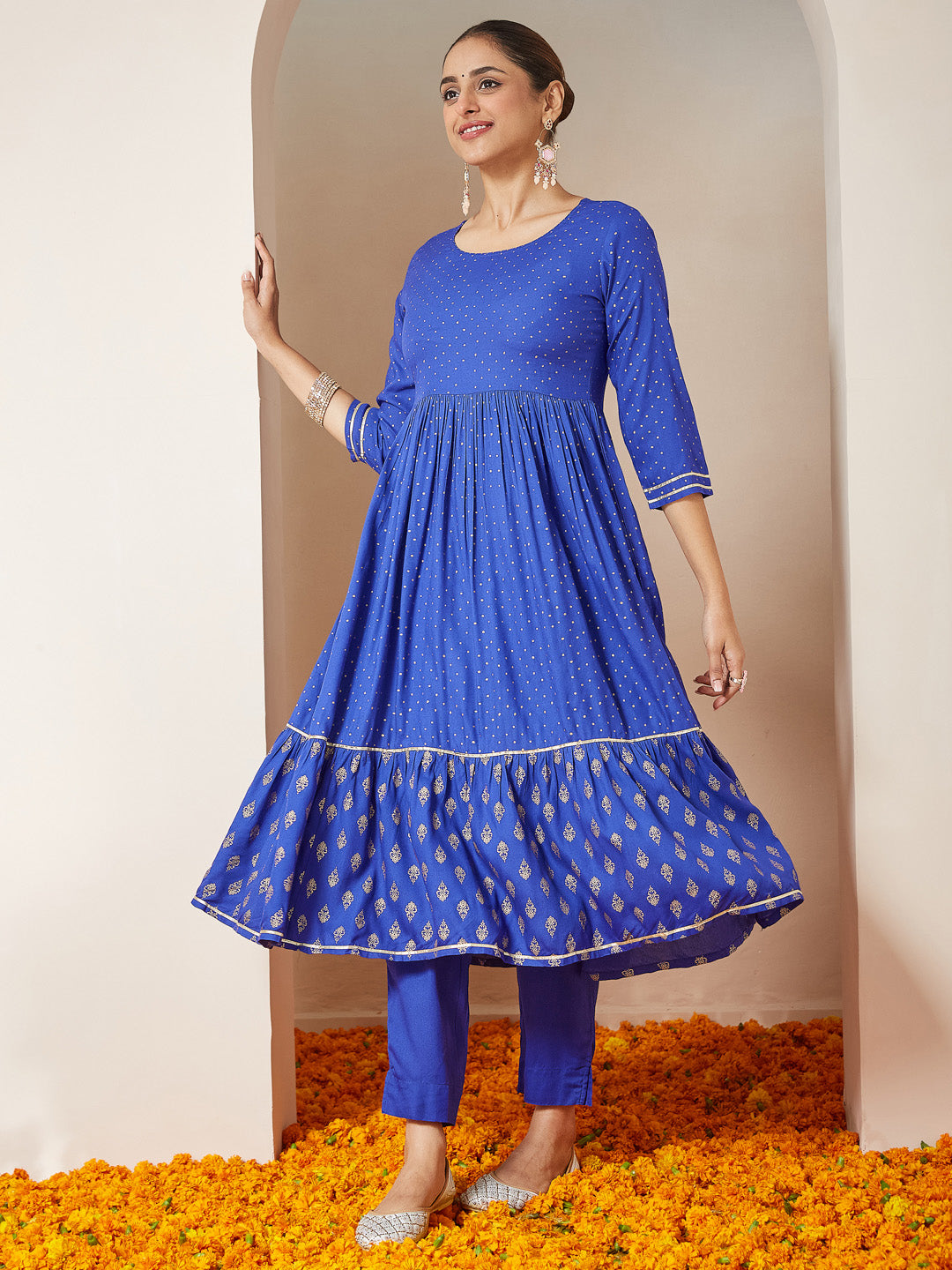 Ninnique Women's Blue Pure Cotton Foil Printed A-line Kurta Set