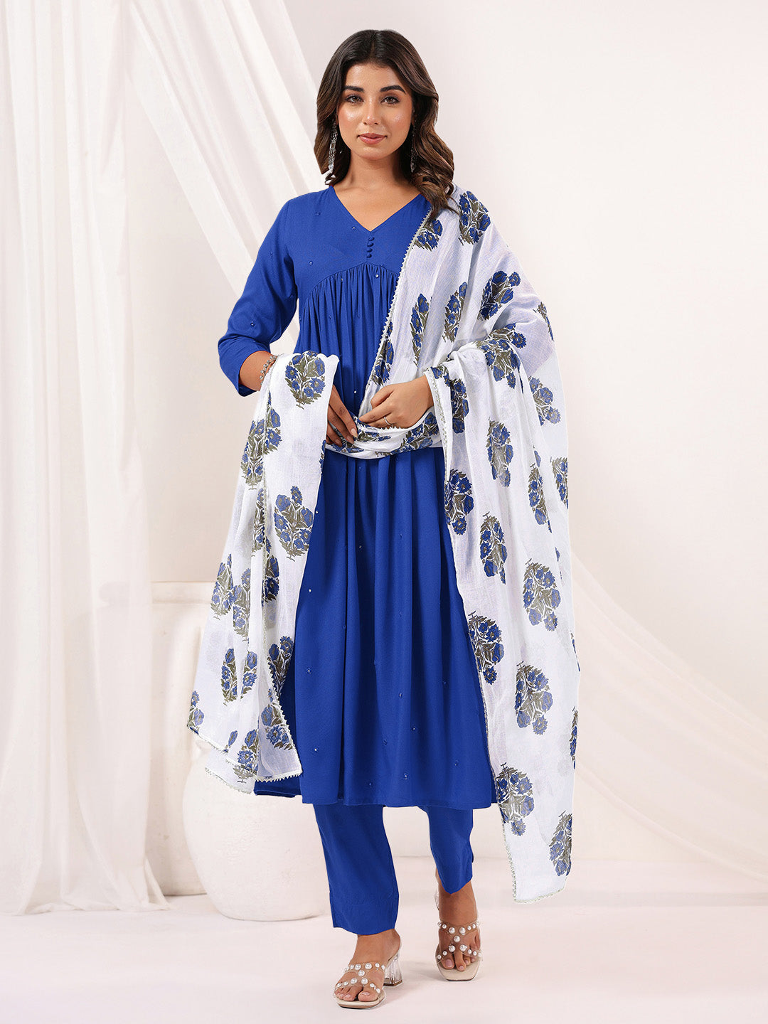 Ninnique Women's Blue Rayon Embellished Mirror Work A-line Kurta Set