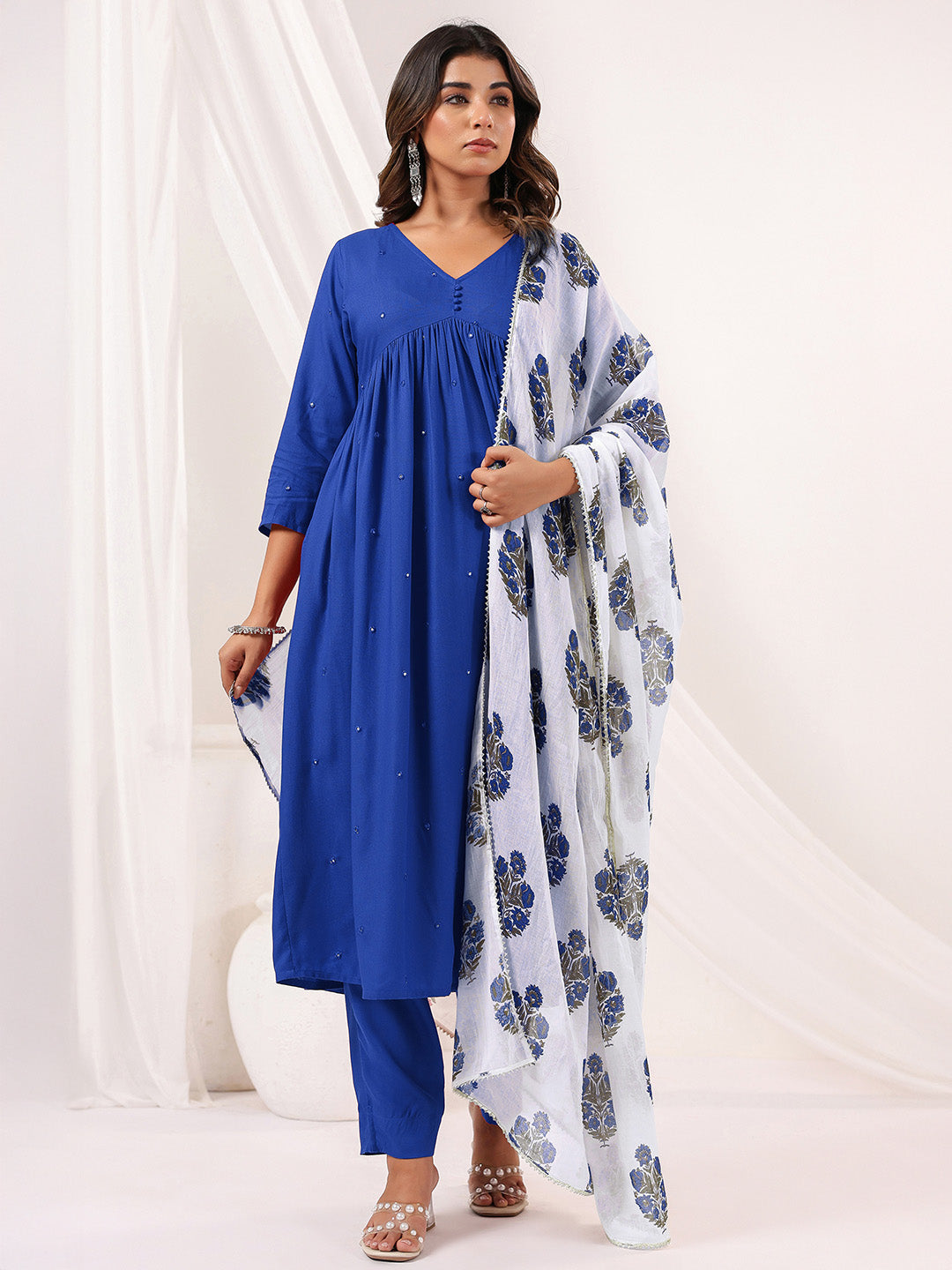 Ninnique Women's Blue Rayon Embellished Mirror Work A-line Kurta Set