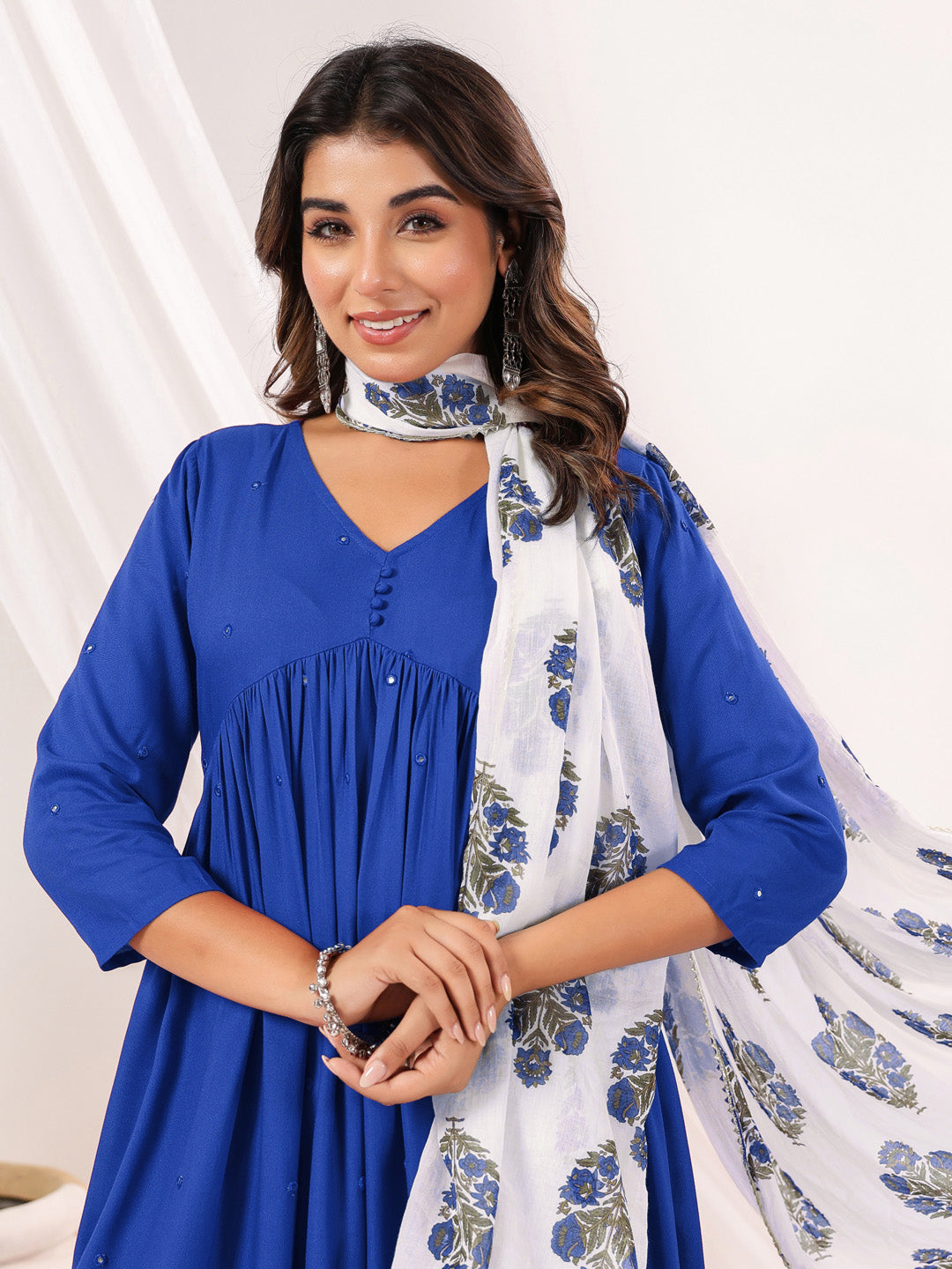 Ninnique Women's Blue Rayon Embellished Mirror Work A-line Kurta Set
