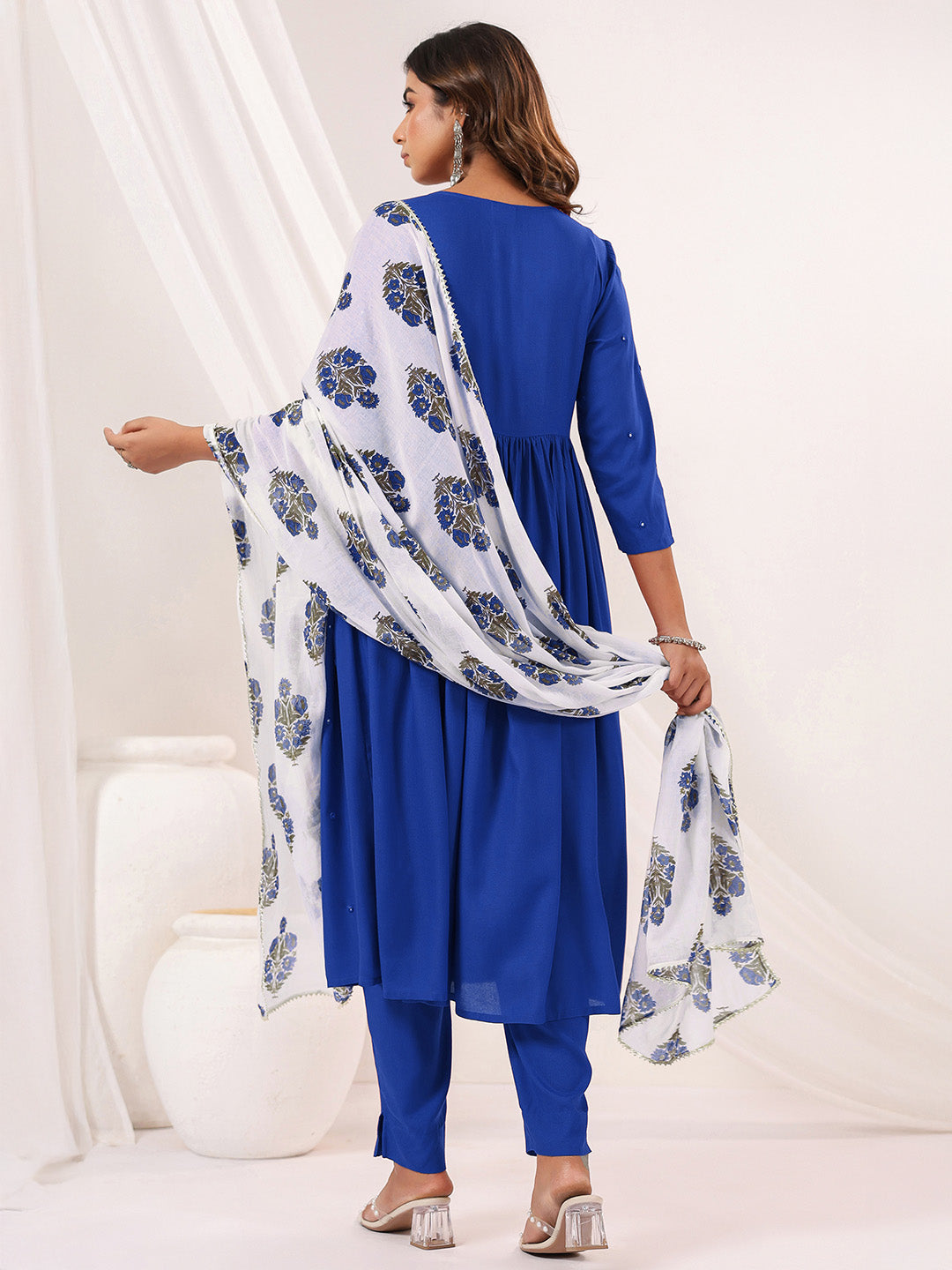 Ninnique Women's Blue Rayon Embellished Mirror Work A-line Kurta Set