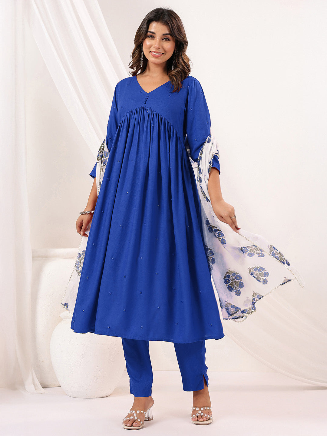 Ninnique Women's Blue Rayon Embellished Mirror Work A-line Kurta Set
