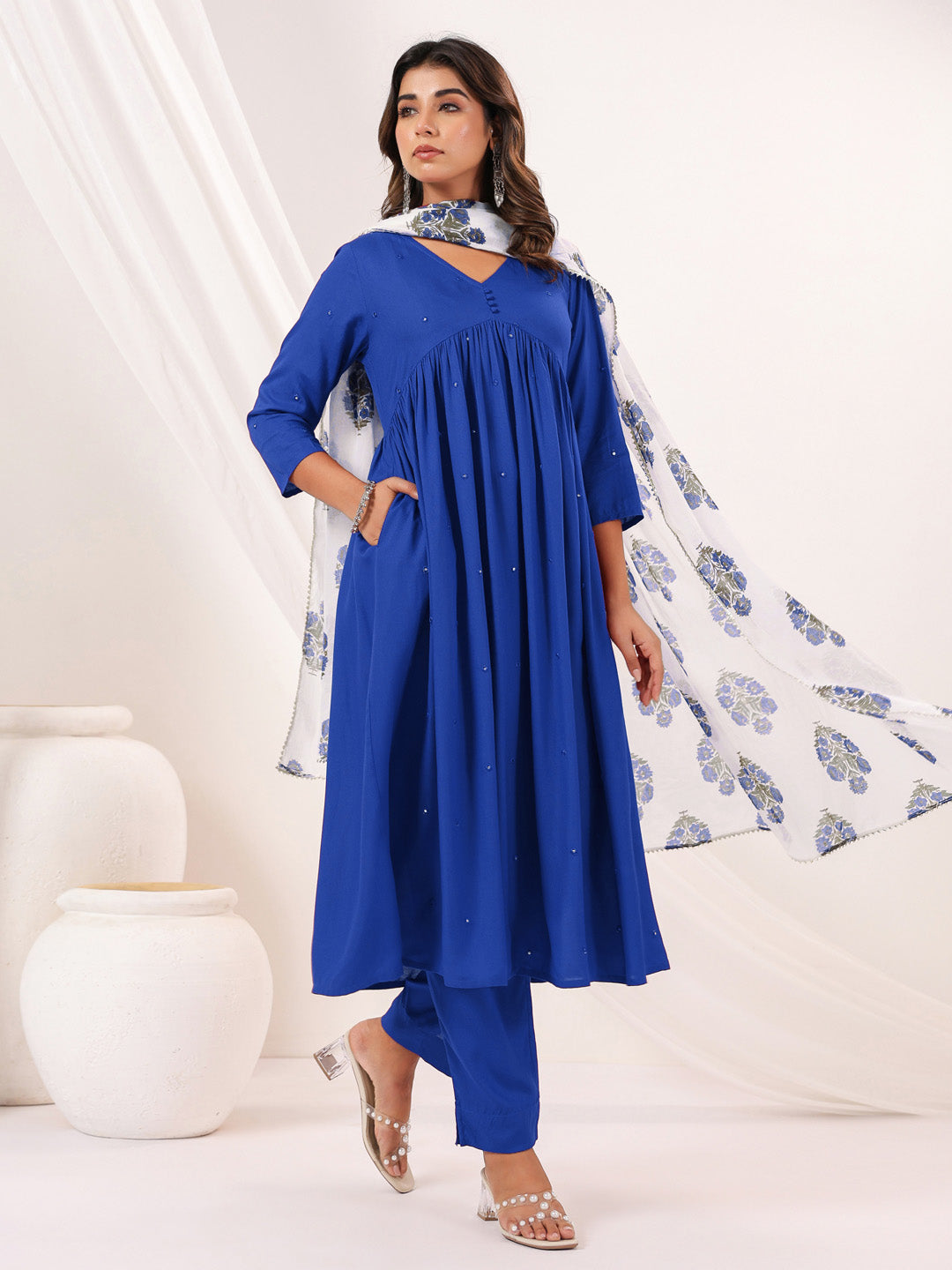 Ninnique Women's Blue Rayon Embellished Mirror Work A-line Kurta Set